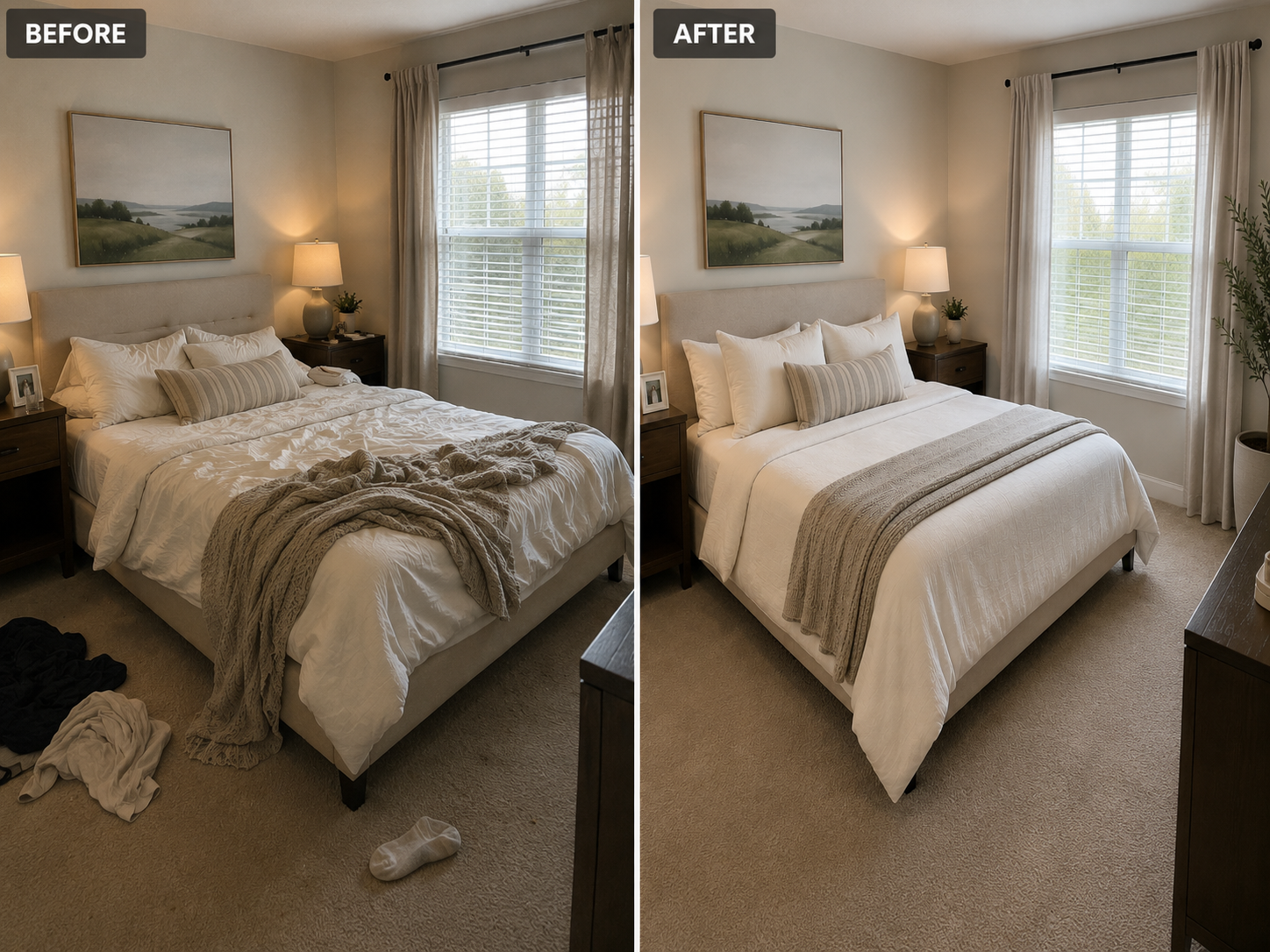 Bedroom before and after cleaning