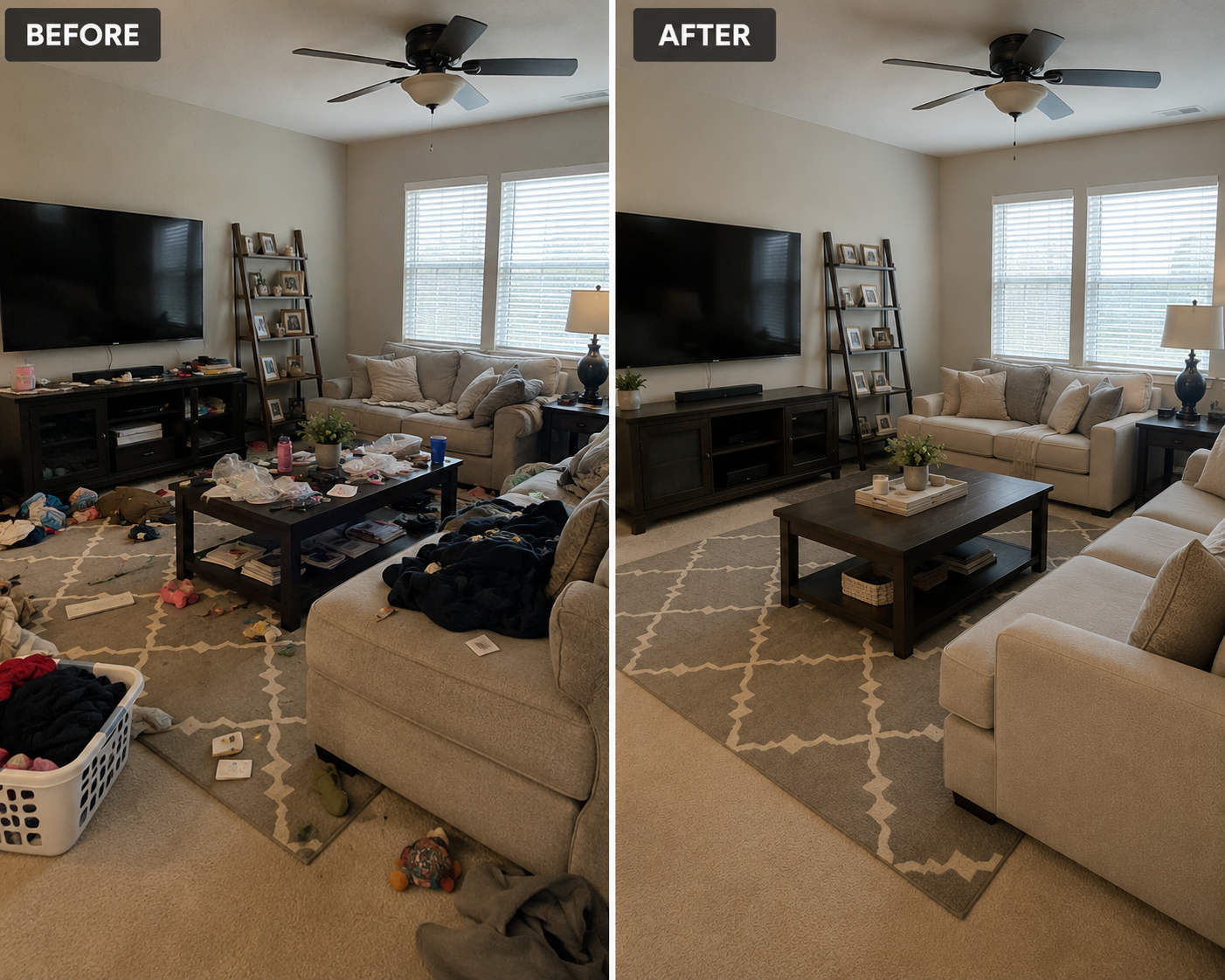 Family room before and after cleaning