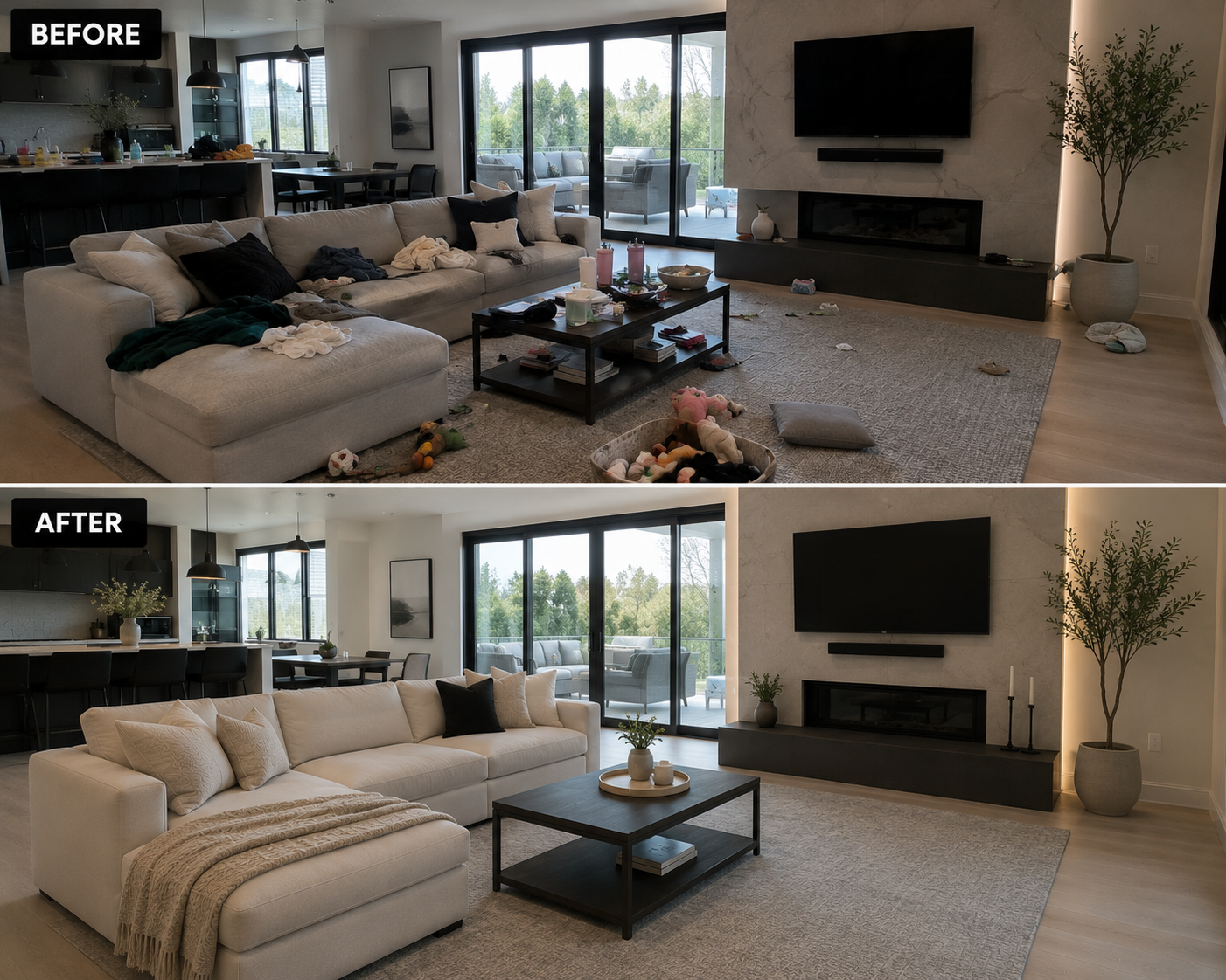 Great room before and after cleaning