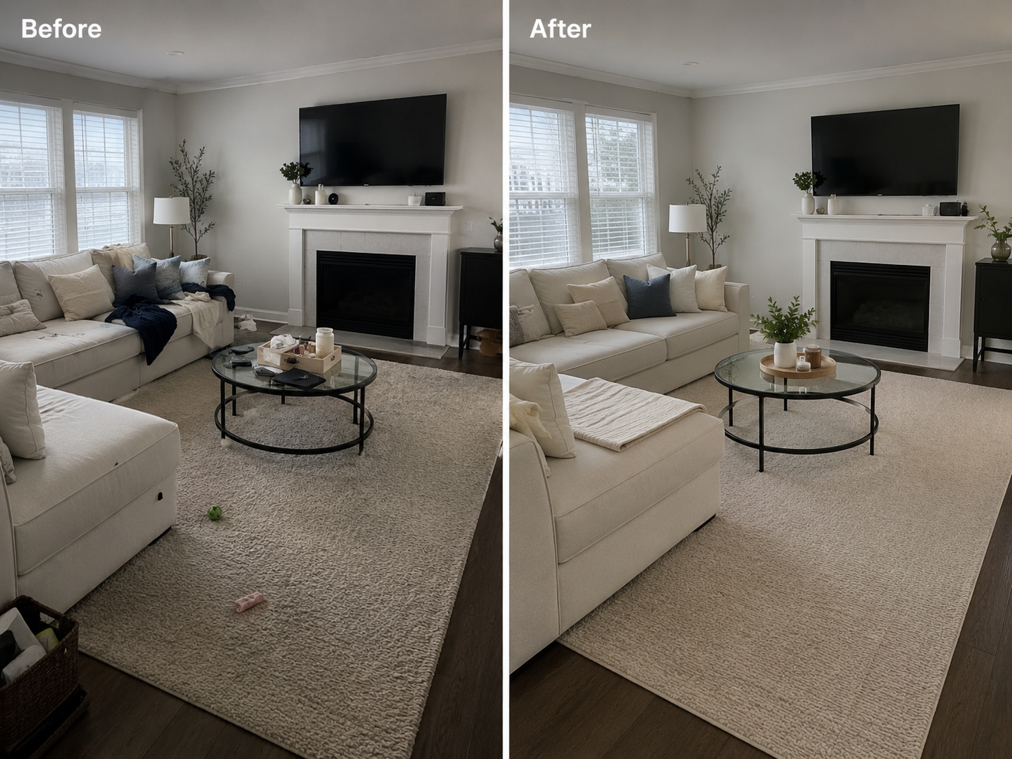 Living room before and after cleaning